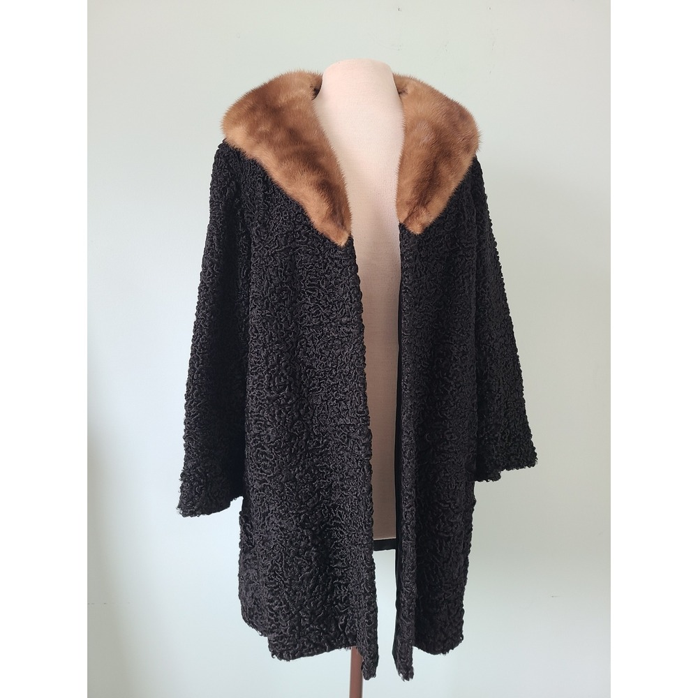 VTG House of Peers‎ Fur Coat Black Persian Lamb Mink Collar  Old Money Mob Wife